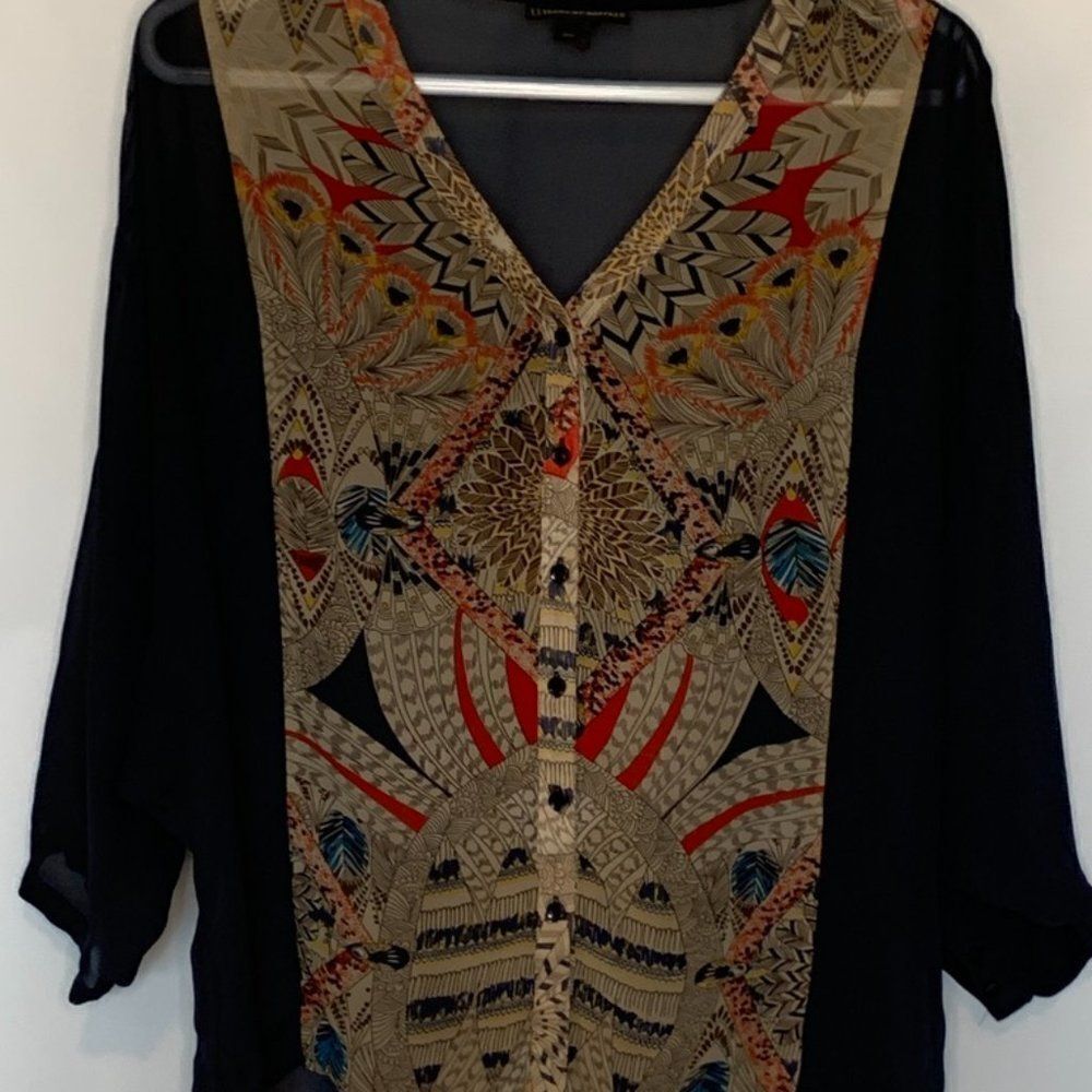 i jeans by Buffalo Black Blouse with Tan and Red Printed Front